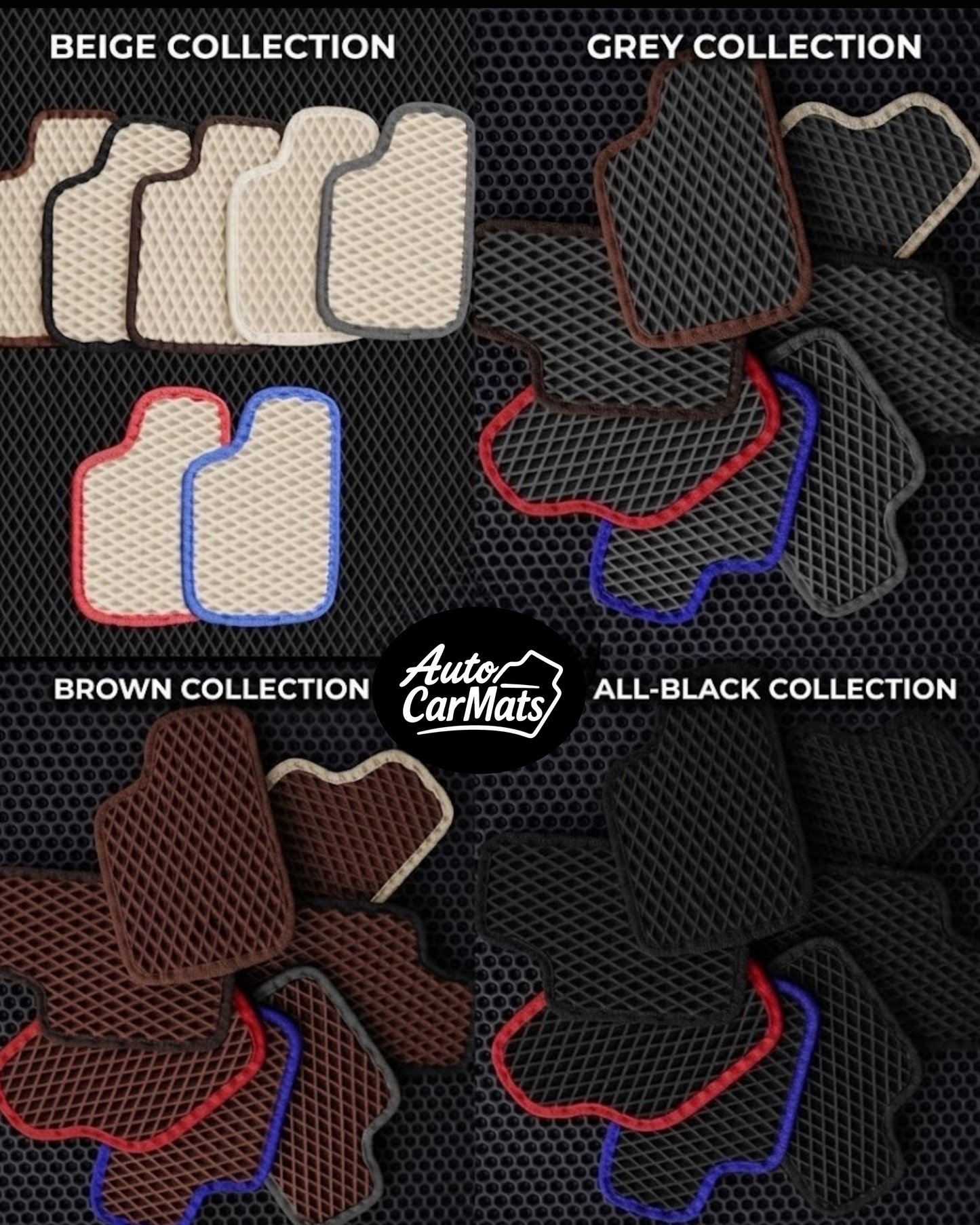EVA car mat colour and edge options in beige, grey, brown and black with red, blue and beige trim