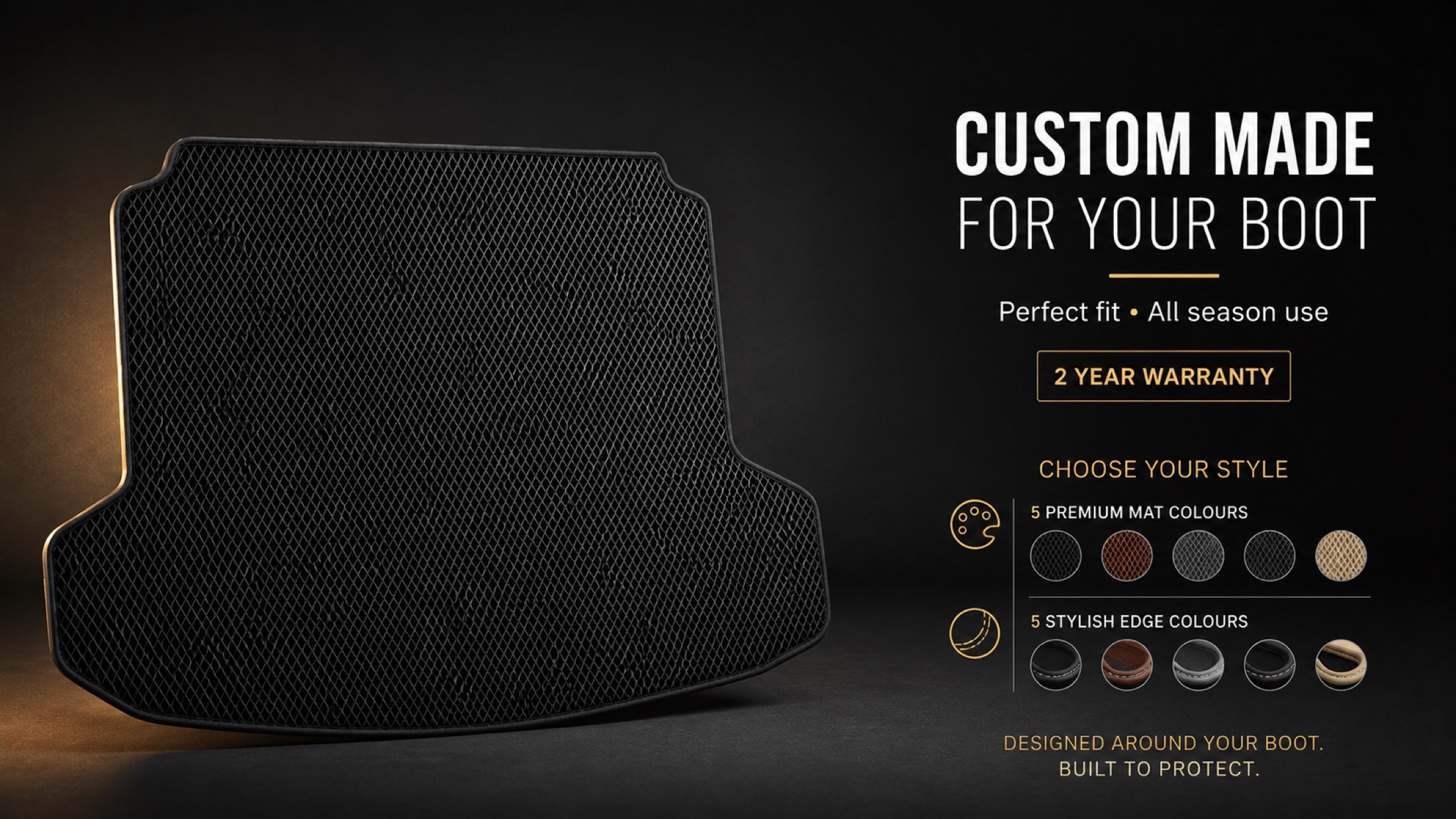 Custom-made tailored boot liner with five mat and edge colour choices